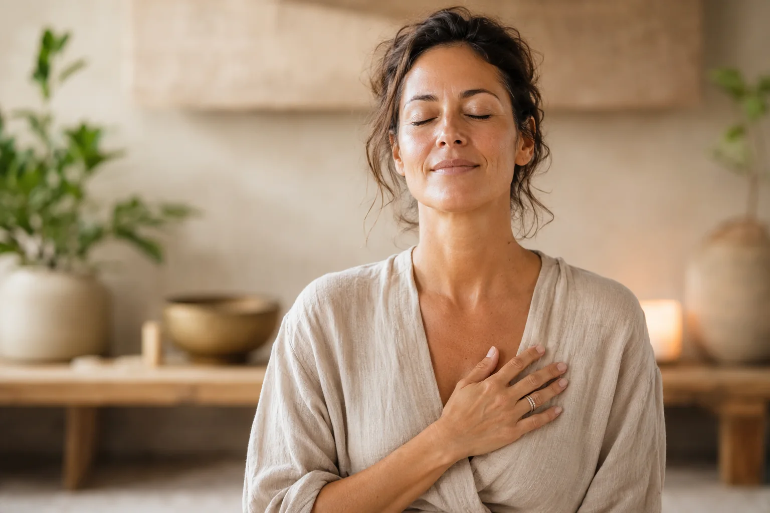 A calm woman pausing with one hand over her chest in a warm treatment room